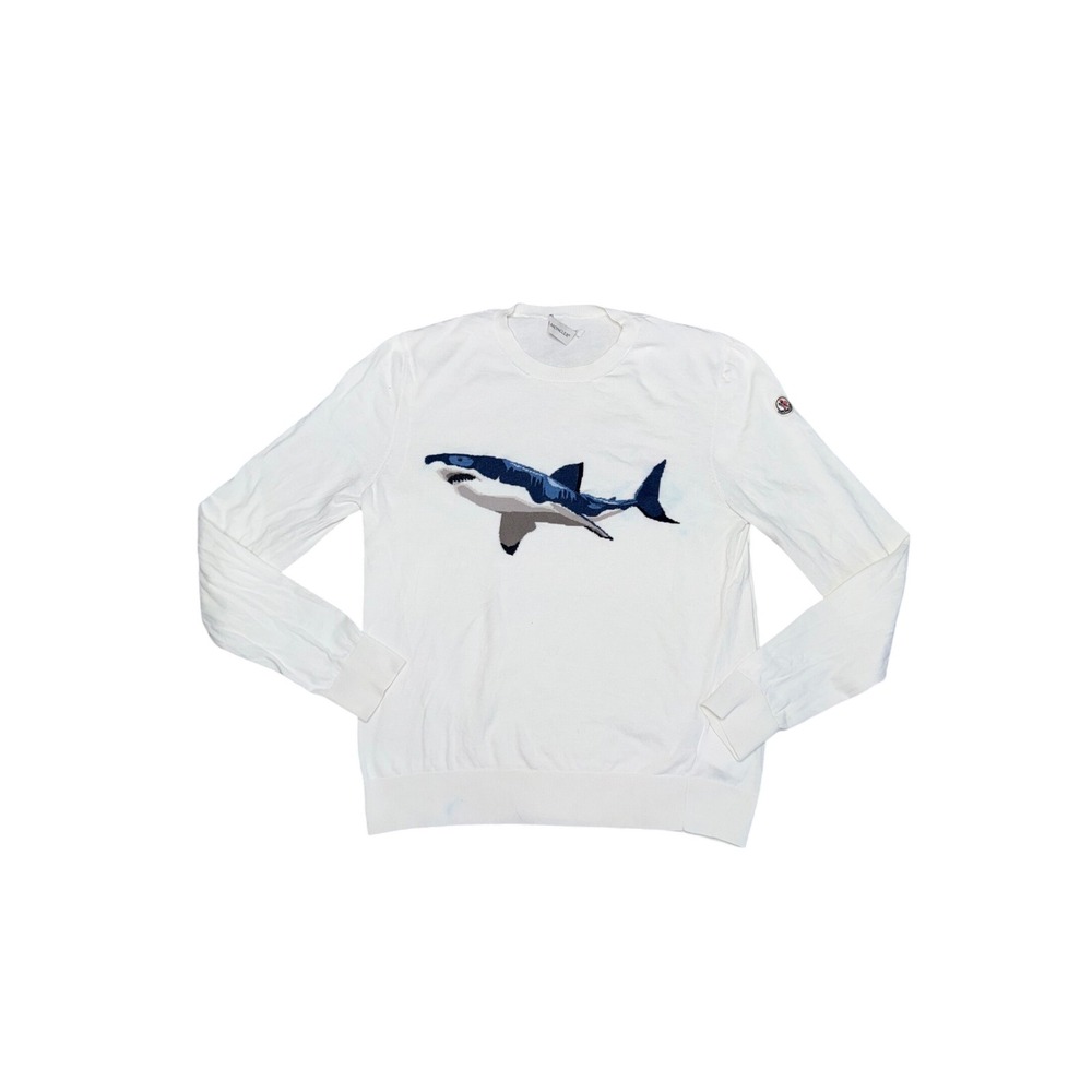 Moncler Shark Intarsia Knit Sweater Mens Large White Good Luxury‎ Crewneck